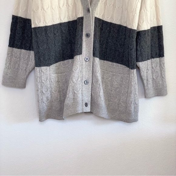 Vintage William Kasper Cashmere Oversized Cabled Cardigan Sweater Neutral Stripe - Picture 4 of 14